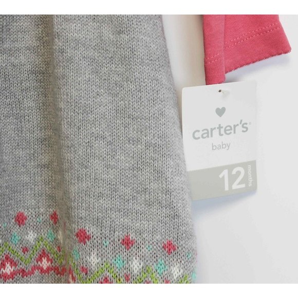 New Carters Baby Sweater Dress 12mths Grey Pink 2pc Nordic Pattern Long Sleeve - Picture 2 of 7